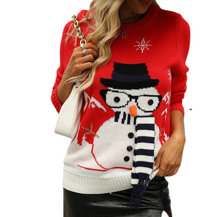 Christmas knitted sweater for women with a joyful snowman pattern and a striped scarf Lune London