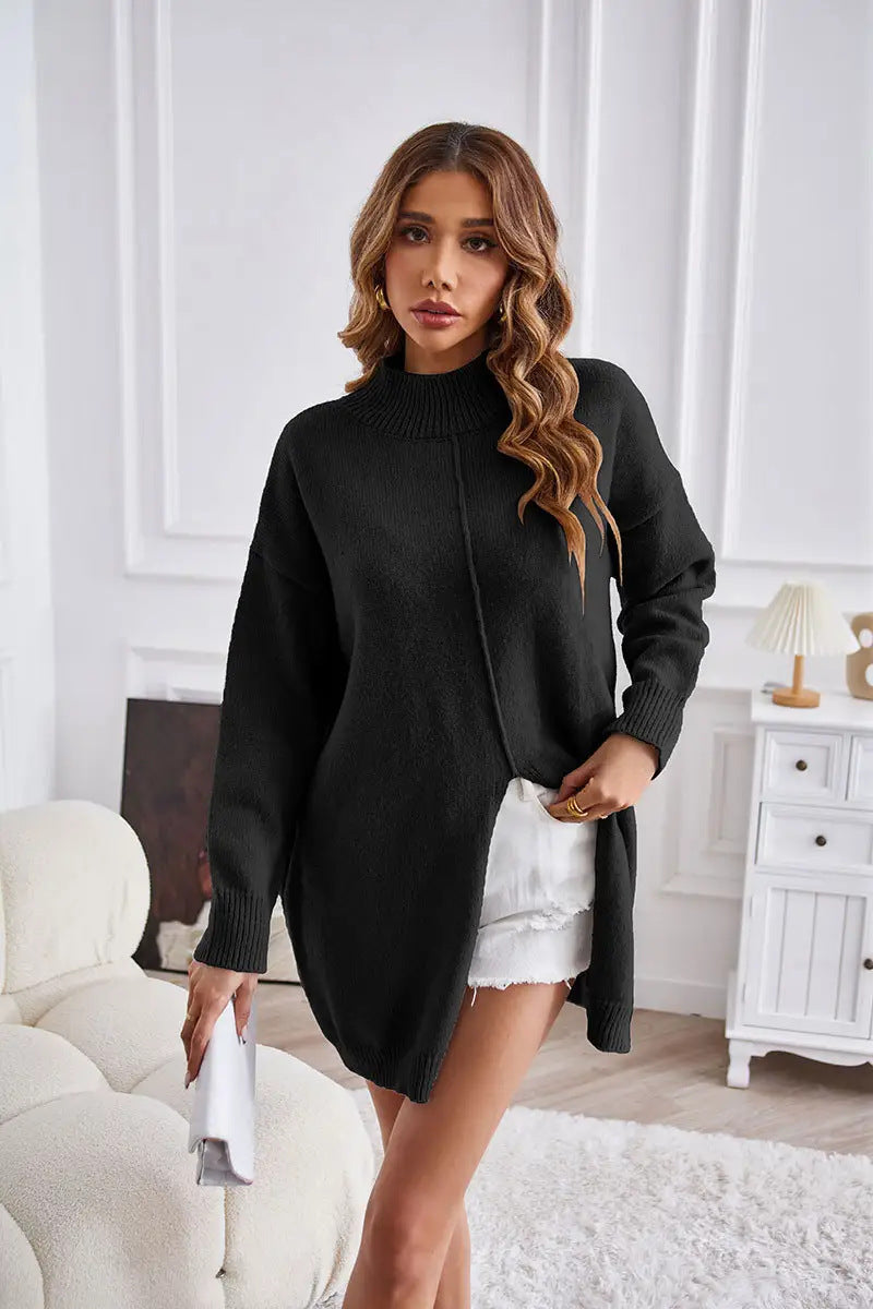 Chunky knit sweater for women with high neck and asymmetrical cut Lune London