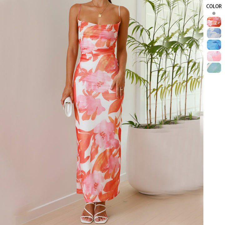 Elegant maxi dress for women with floral print and thin straps Chic & Stil