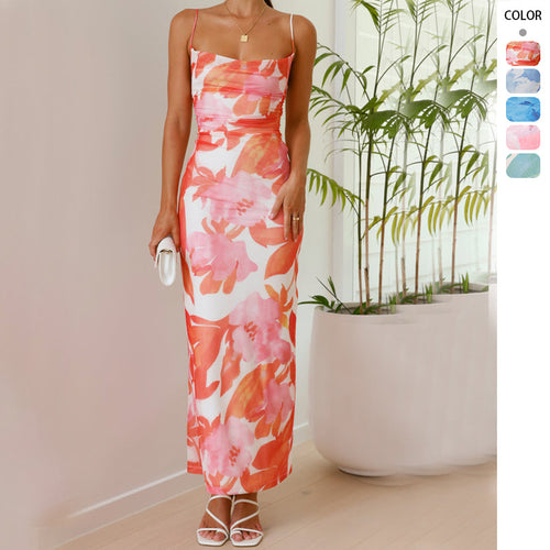 Elegant maxi dress for women with floral print and thin straps Chic & Stil