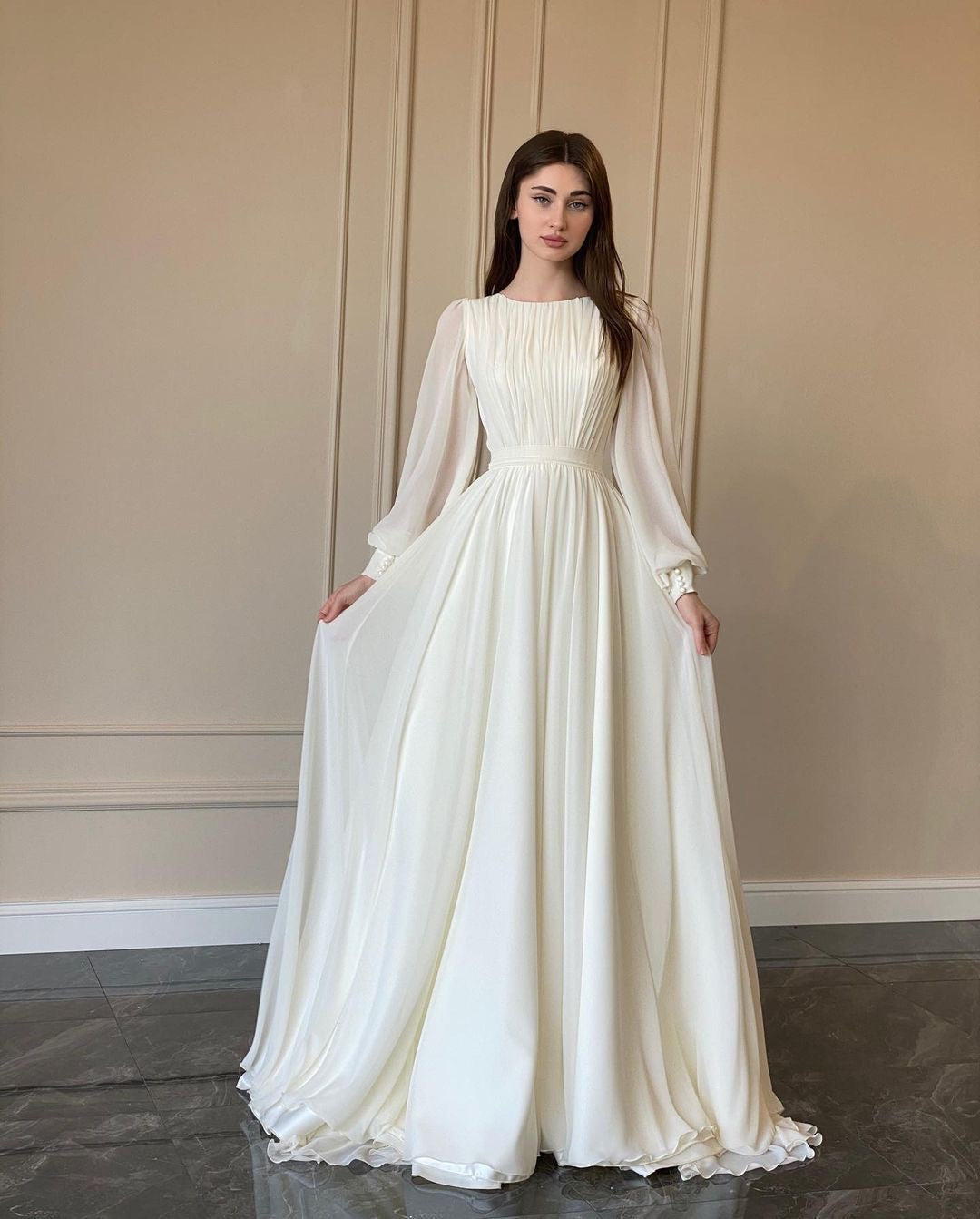 Women's Maxi Party Dress with Long Flowing Sleeves and Lace Accents Lune London