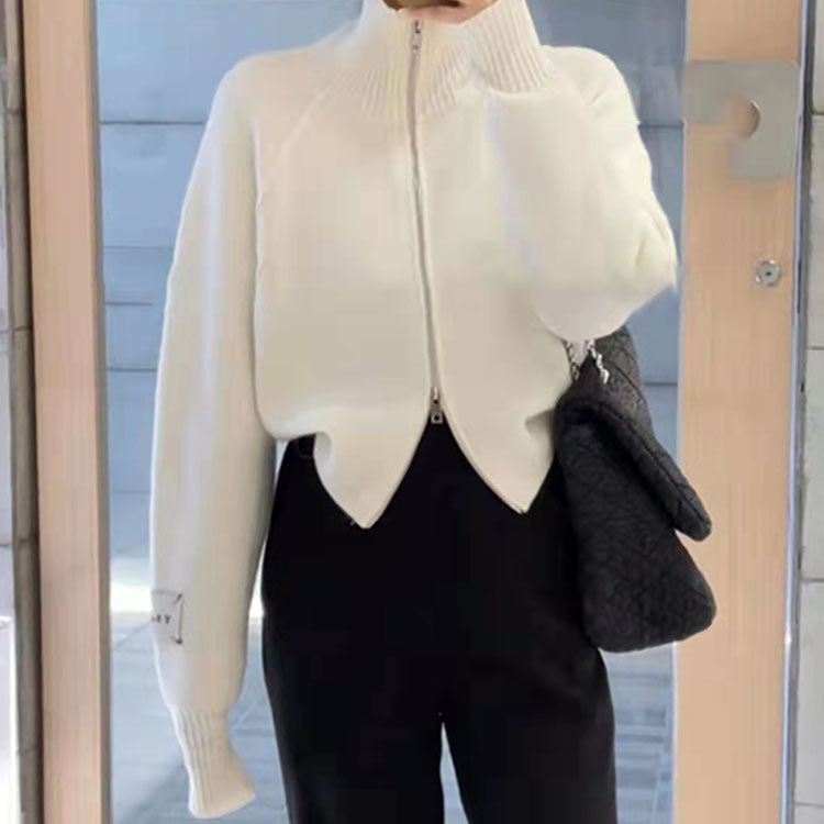 Knitted jacket for women with high-quality zipper and stand-up collar Lune London
