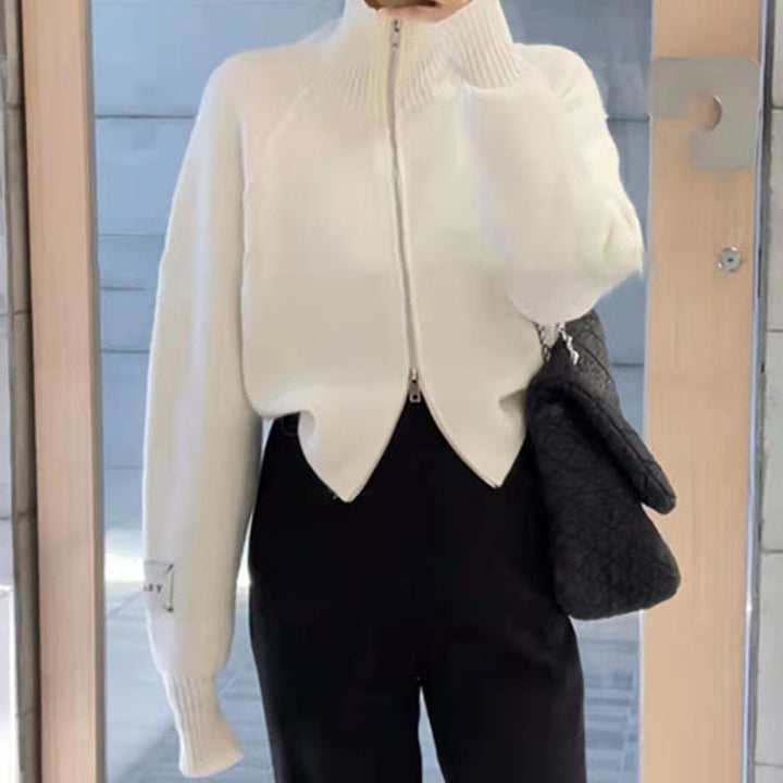 Knitted jacket for women with high-quality zipper and stand-up collar Lune London