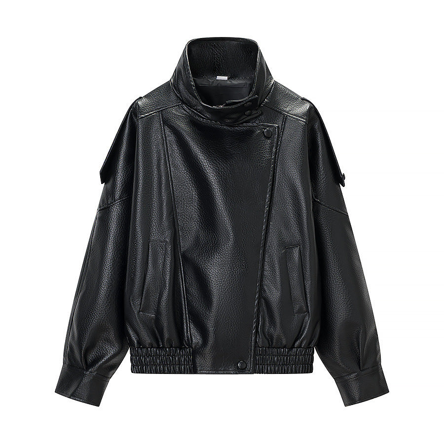 Veste en faux cuir à la mode pour femmes avec col haut et poches pratiques Chic & Stil