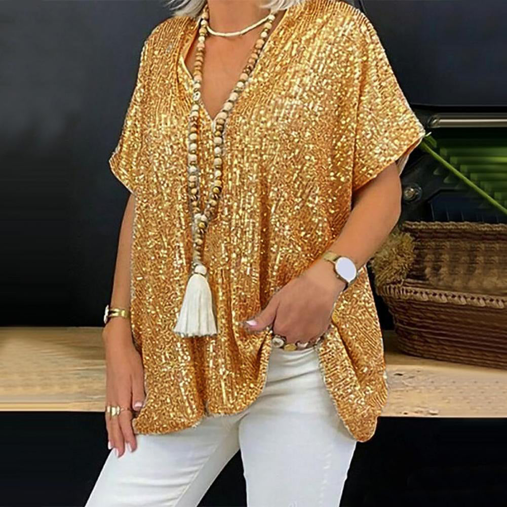 Women Sparkling Sequin Top with Casual Cut and V-Neck Lune London