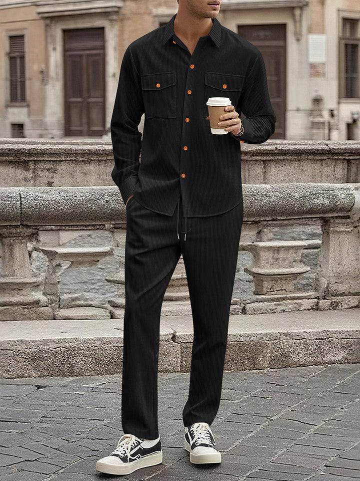 Casual striped outfit for men with modern button details and practical pockets Lune London