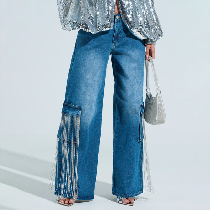 Women's cargo jeans with sparkling fringes and deep side pockets Lune London