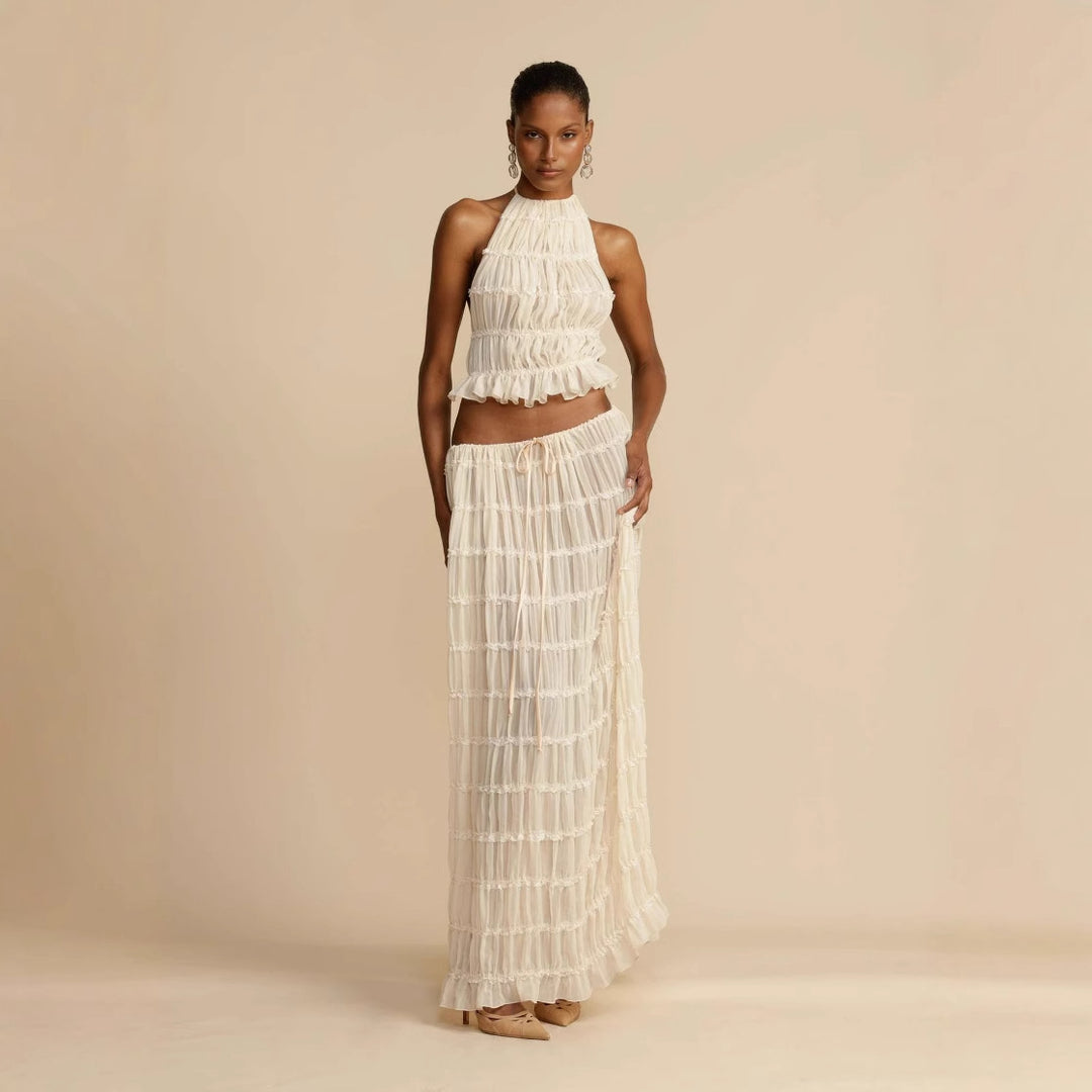 Maxi dress for women with gathered bodice and elegant cut at the waist Chic & Stil