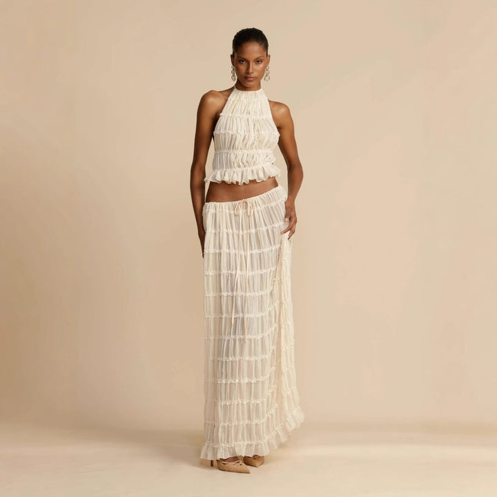 Maxi dress for women with gathered bodice and elegant cut at the waist Chic & Stil