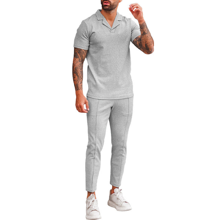 Elegant men's short sleeve polo with textured design and matching slim-fit trousers Lune London