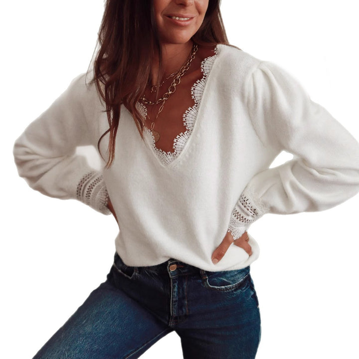 Knitted sweater for women with lace collar and puff sleeves Lune London