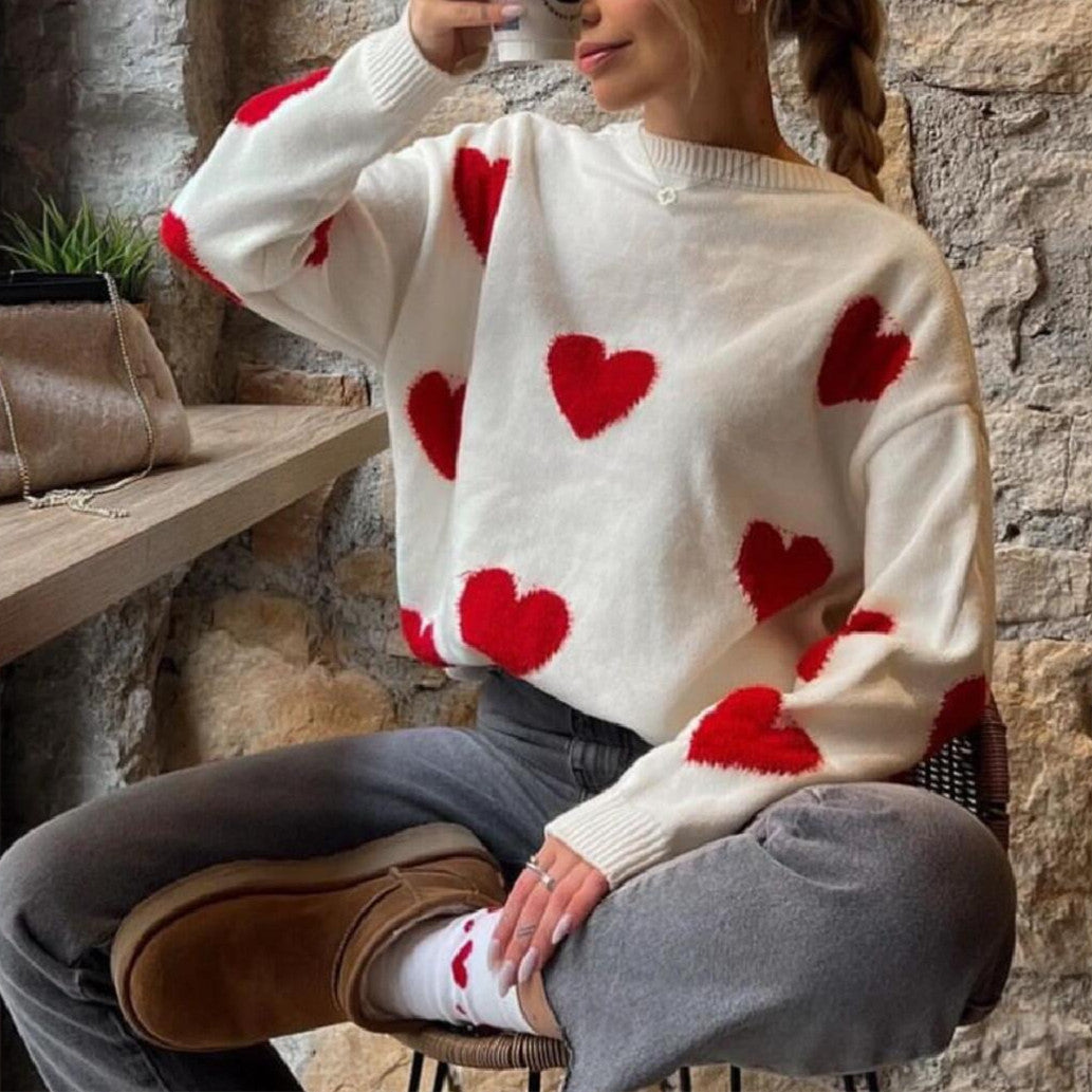 Ladies Comfortable Sweater with Chic Heart Pattern and Style