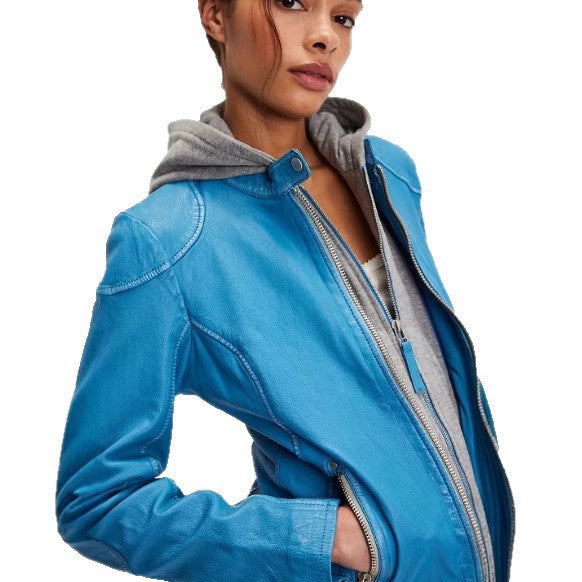 Ladies stylish leather jacket with removable hood Lune London