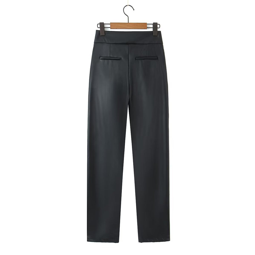 Synthetic leather slim fit pants for women with practical pockets Lune London