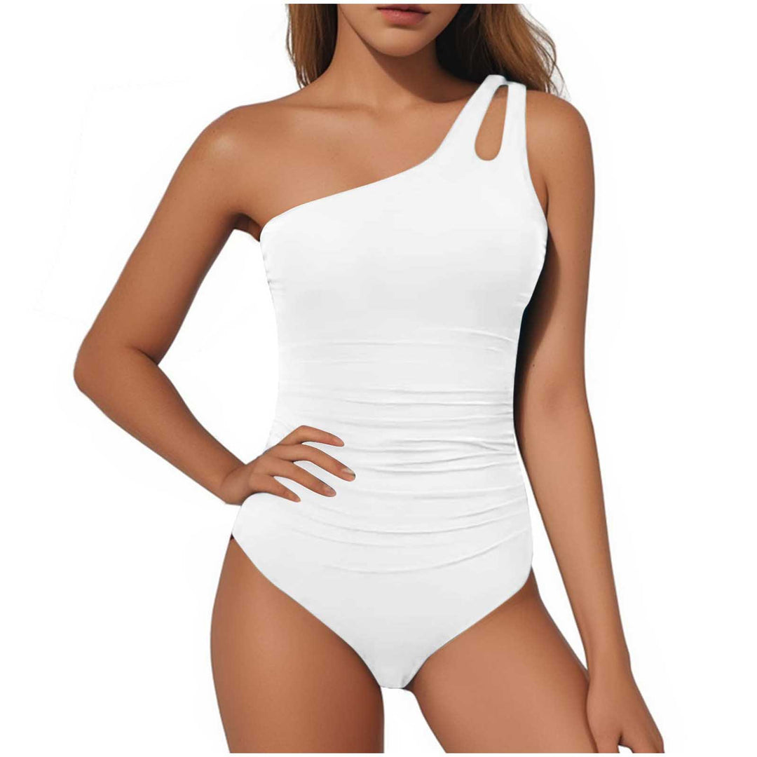 Women's one-piece swimsuit with asymmetrical neckline and fashionable mesh trim Lune London