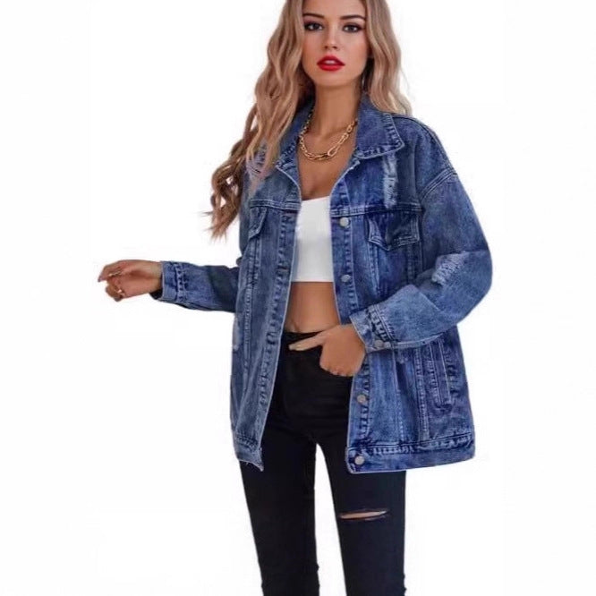Veste en jean surdimensionnée pour femmes avec des détails déchirés à la mode Chic & Stil