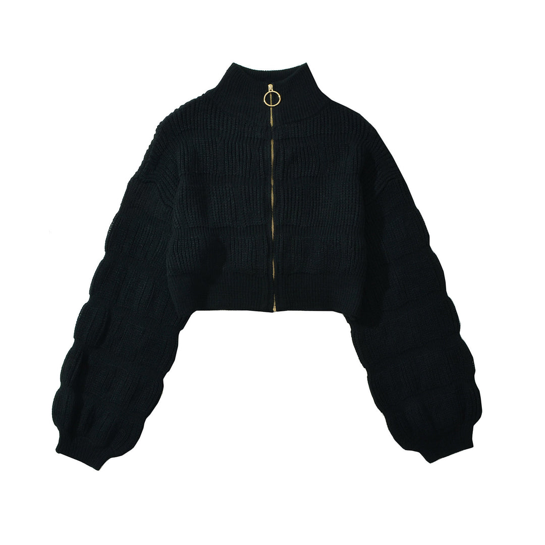 Cropped knitted jacket for ladies with decorative zipper and voluminous sleeves Lune London