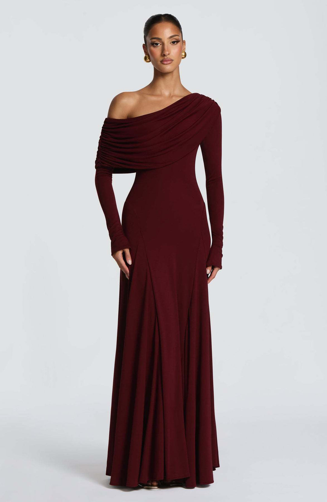 Women Elegant Long Sleeve Maxi Dress with Asymmetrical Draping Detail Lune London
