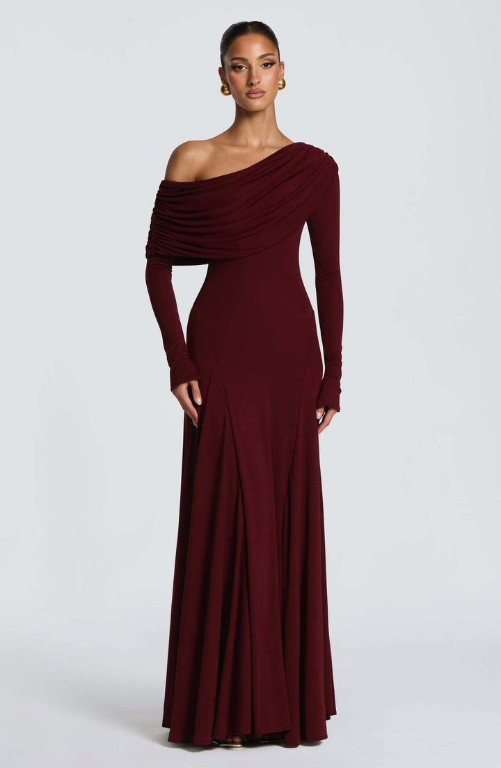Women Elegant Long Sleeve Maxi Dress with Asymmetrical Draping Detail Lune London