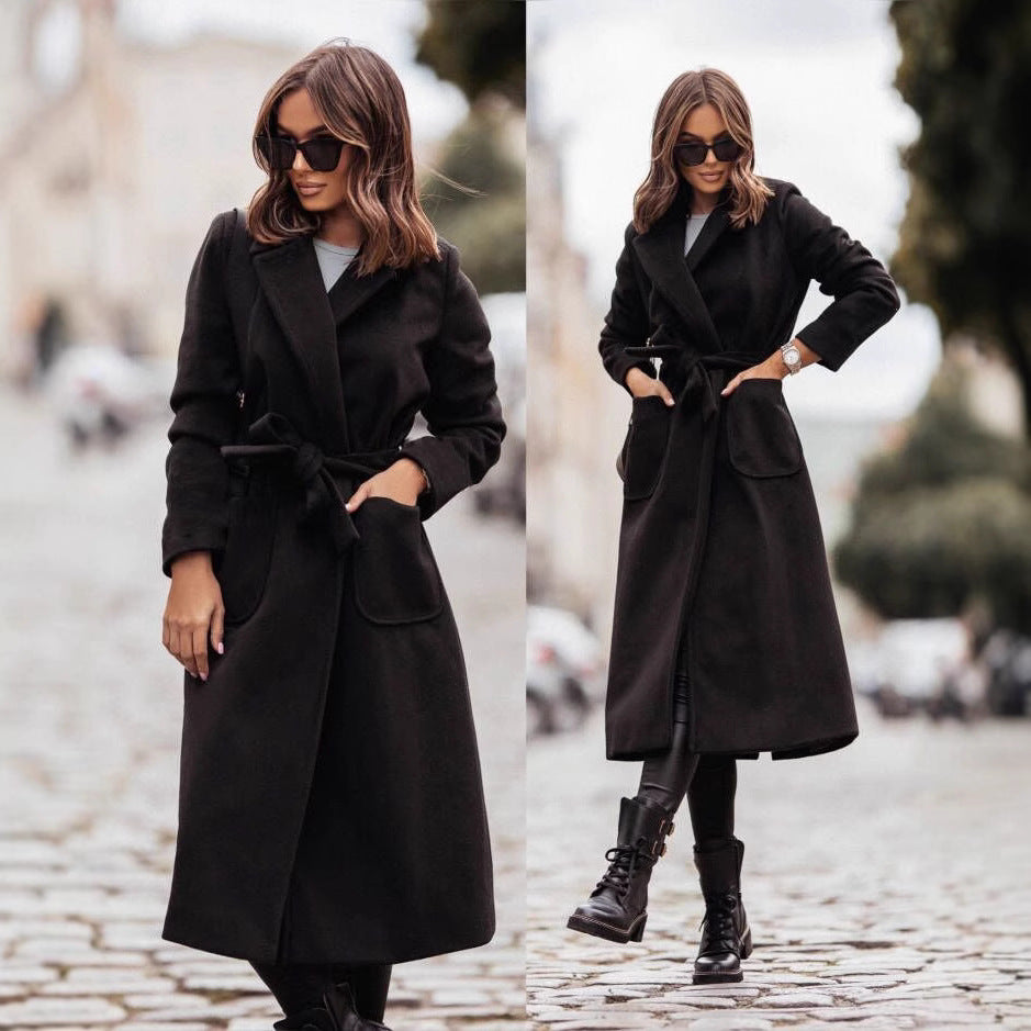 Elegant Women's Long Sleeve Wool Coat with Belt Lune London