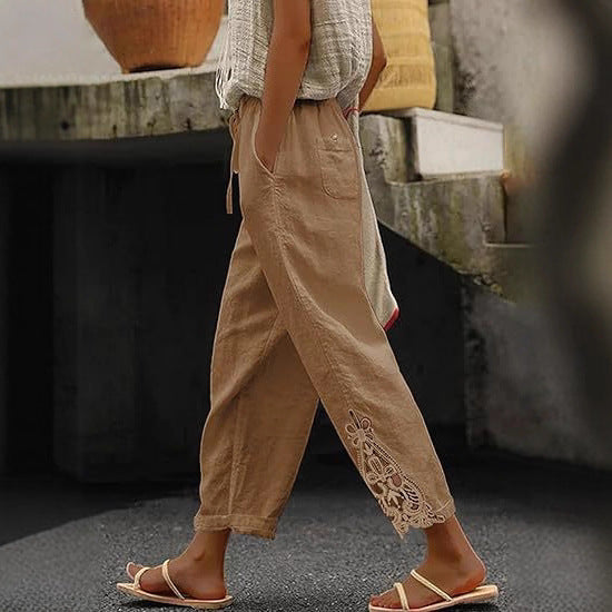 Airy linen trousers for ladies with decorative embroidery Lune London