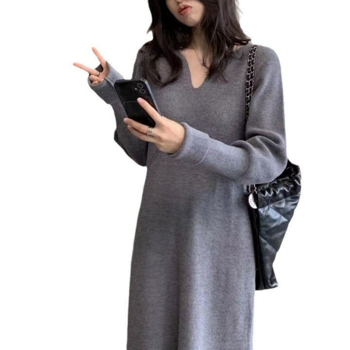 Knit dress for women with deep V-neck and specially designed structure Lune London