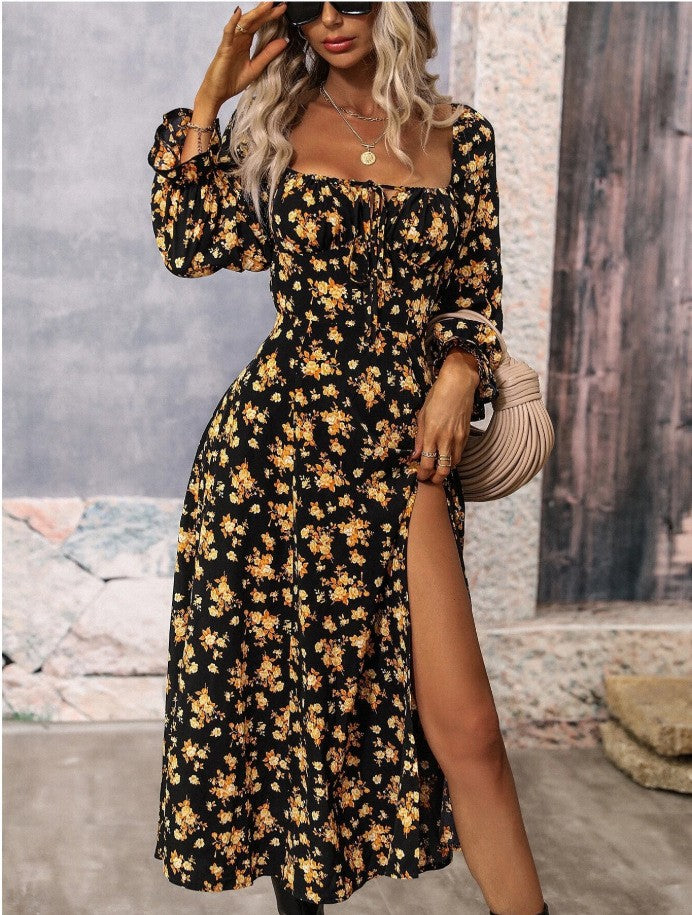 Maxi dress for women with deep slit and floral design Lune London