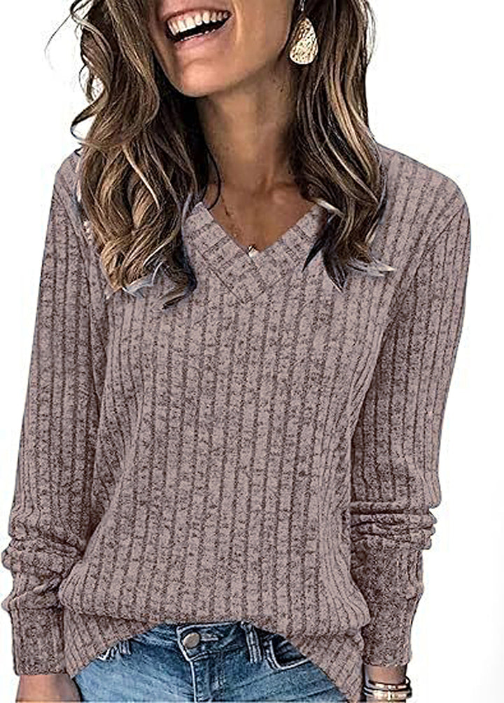Knit sweater for women with V-neck and structured ribbed design Lune London