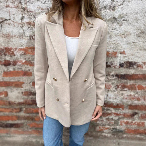 Ladies Elegant Double-Breasted Blazer with Textured Fabric and Gold Buttons Lune London