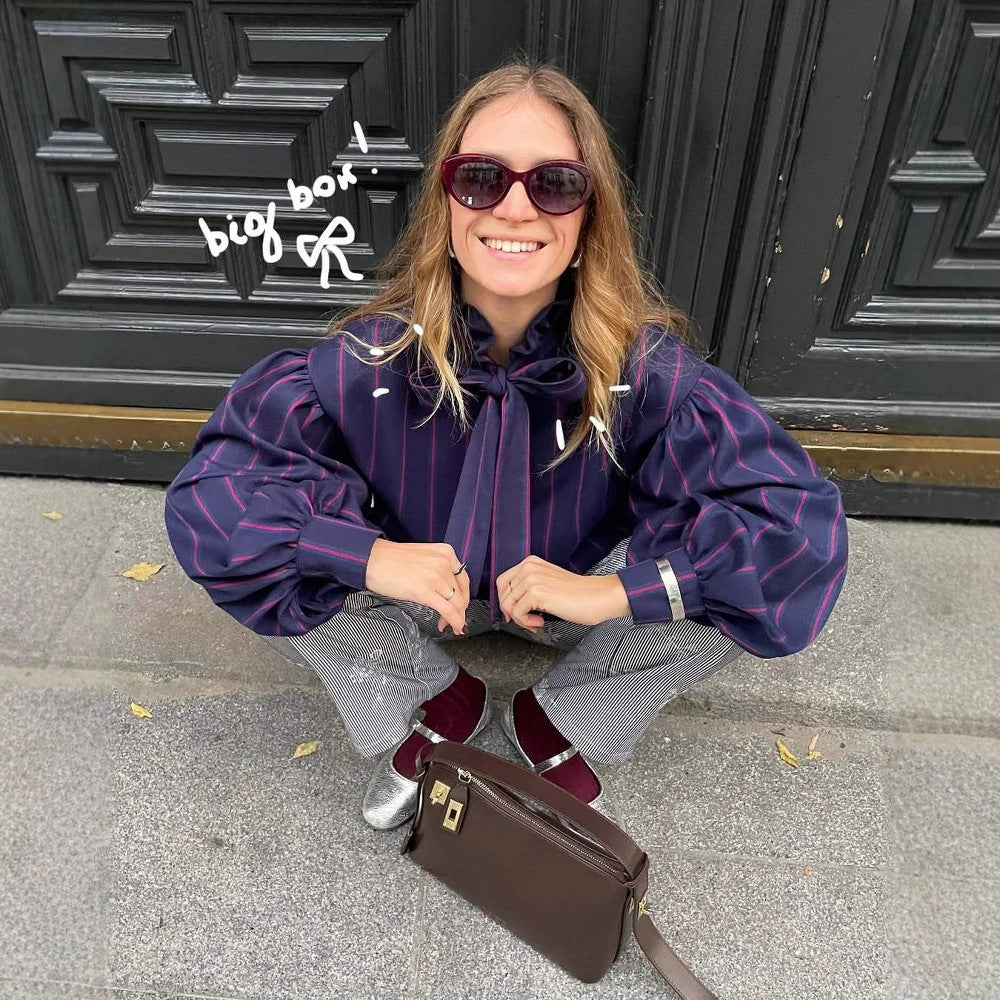 Long sleeve shirt for women with a striped design and a ruffled collar Lune London
