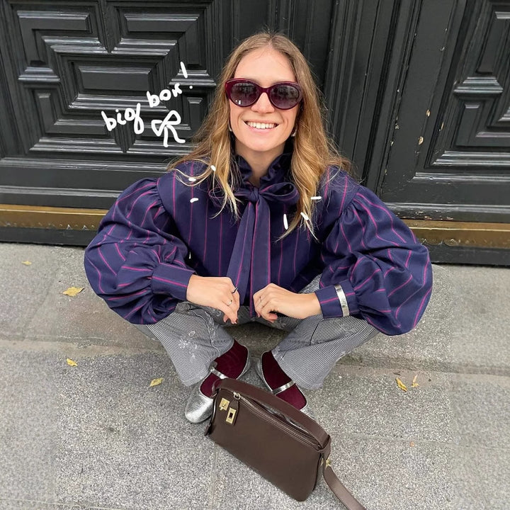 Long sleeve shirt for women with a striped design and a ruffled collar Lune London