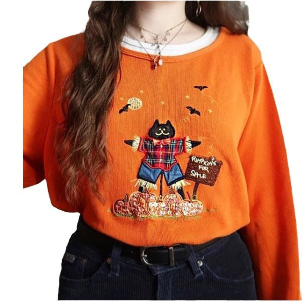 Casual Halloween sweater for women with colorful cat pattern and embroidery Lune London