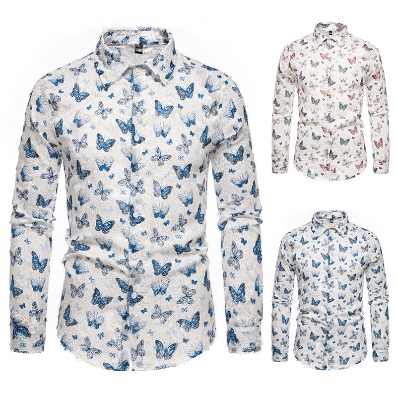 Men's Long Sleeve Shirt with an Eye-catching Butterfly Pattern and High-Quality Cotton Fabric Lune London