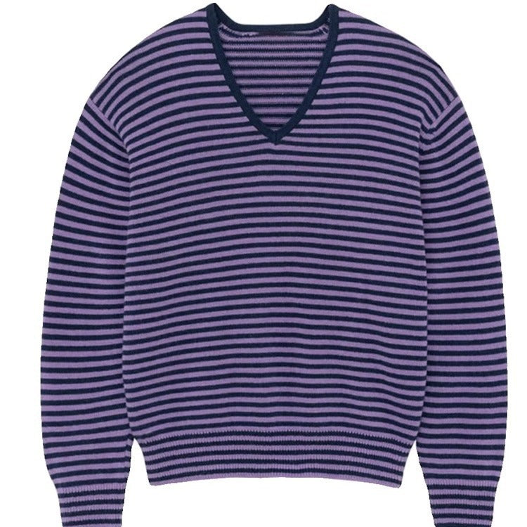 Pull rayé à col en V pour femmes Chic & Stil