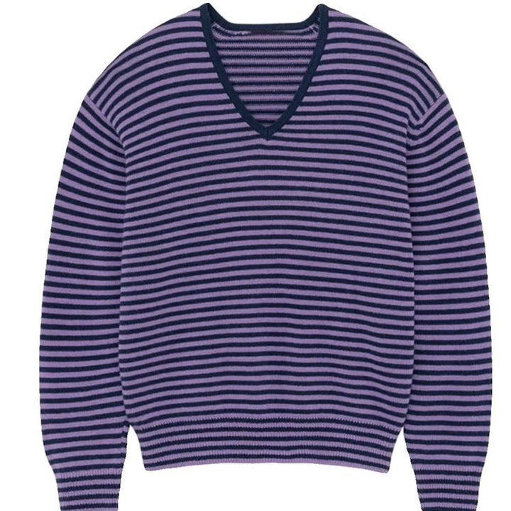 Pull rayé à col en V pour femmes Chic & Stil