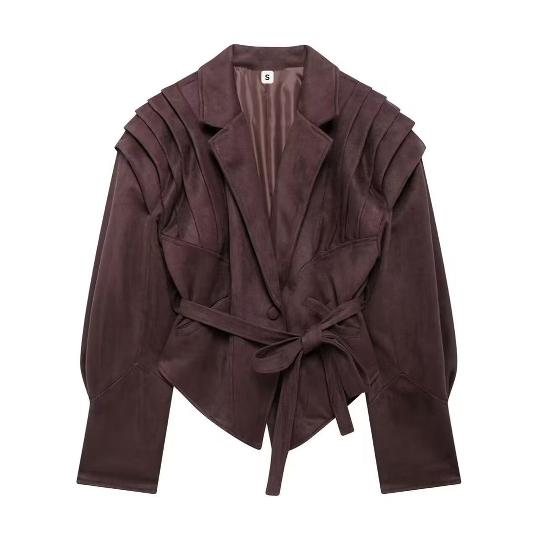 Ladies elegant faux leather jacket with innovative belt Lune London