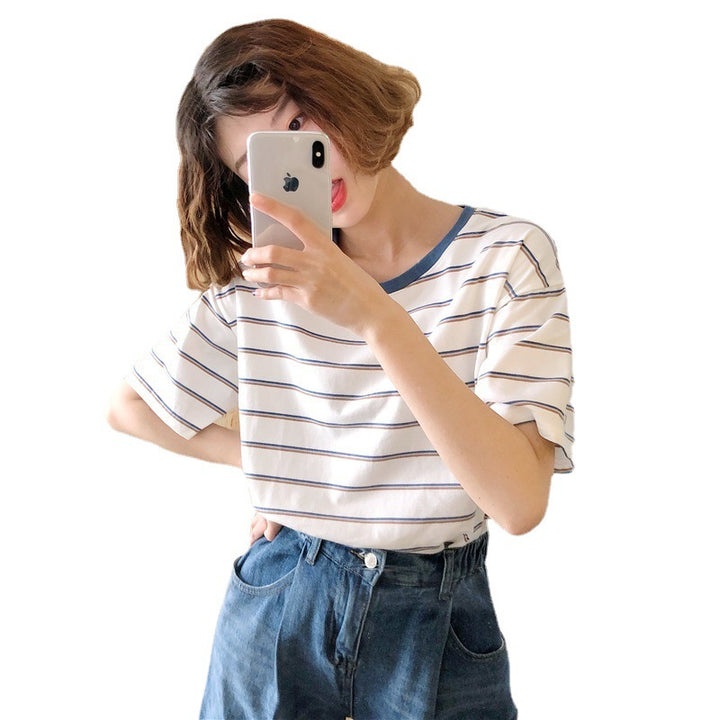 Women Striped T-Shirt with Round Neck and Loose Fit Lune London