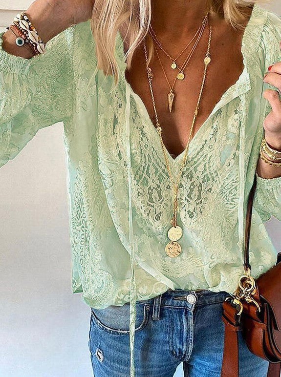 Ladies Elegant and Feminine Blouse with V-Neck and Lace Accents Lune London