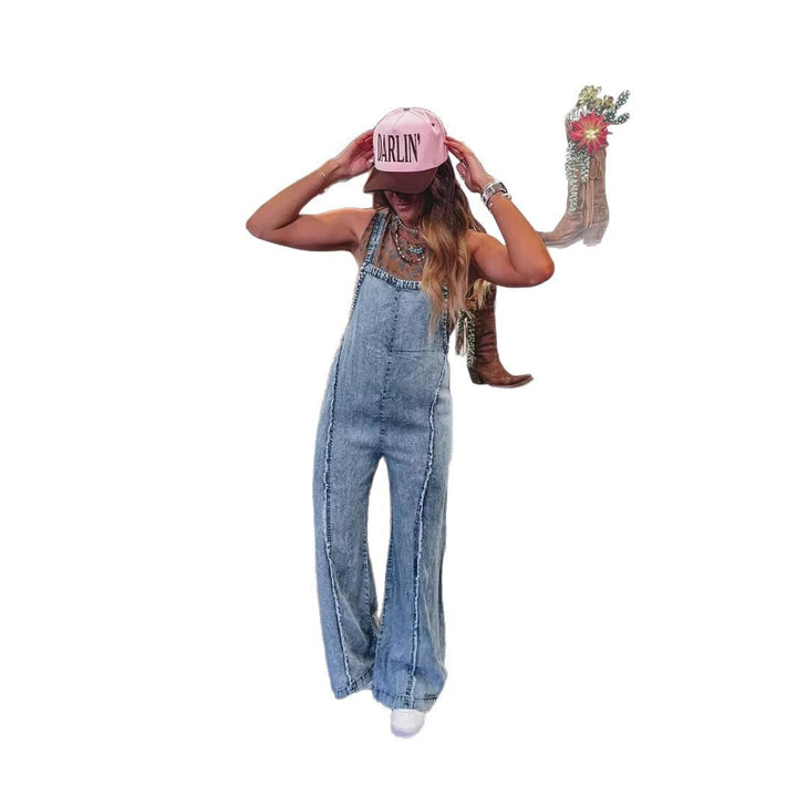 Salopette en denim pour femmes avec jambe large et poches pratiques Chic & Stil