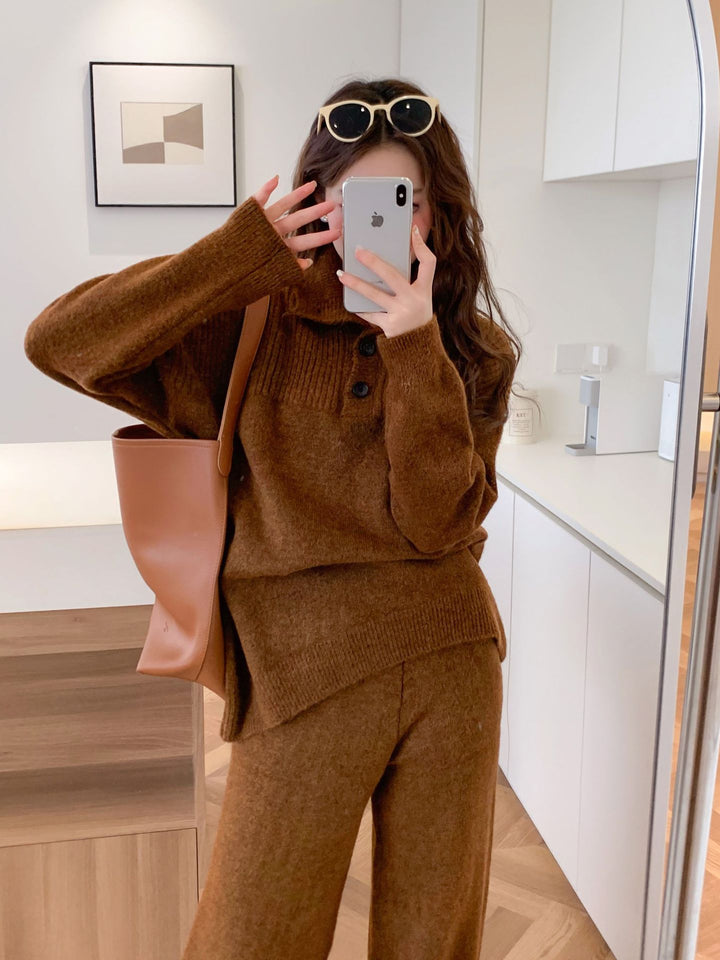 Comfortable knitted sweater for women with a high collar and button details Lune London