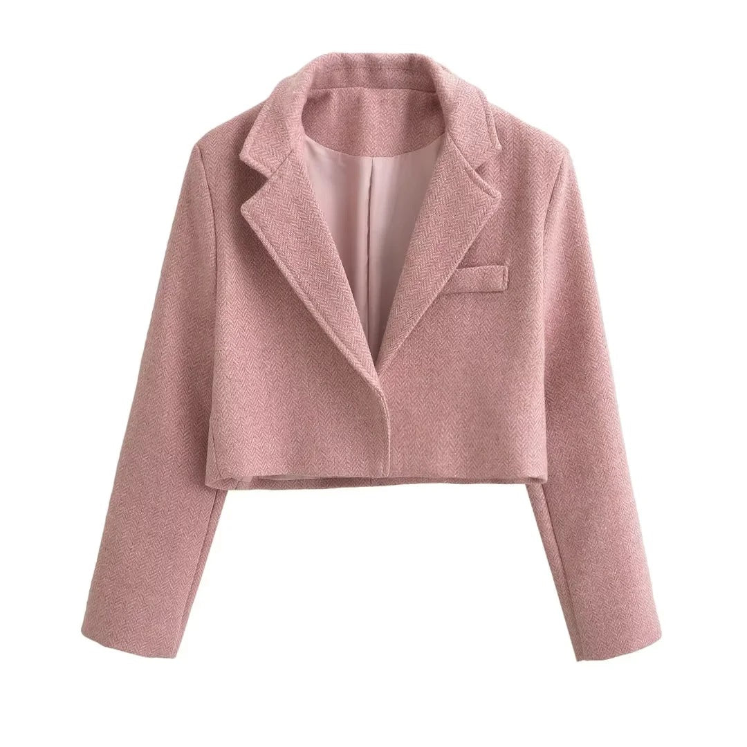 Short blazer jacket for women with an elegant herringbone design Lune London