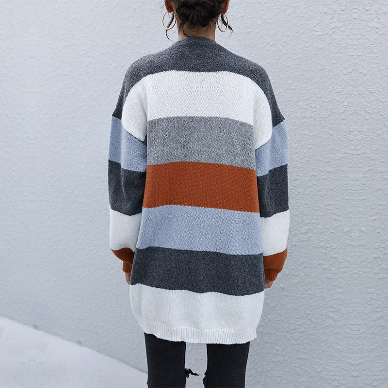 Cardigan en tricot ouvert pour femme avec rayures en blocs de couleur et matériau doux Chic & Stil