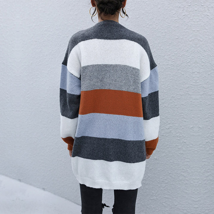 Cardigan en tricot ouvert pour femme avec rayures en blocs de couleur et matériau doux Chic & Stil