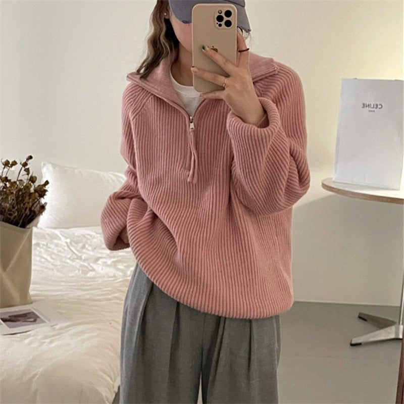 Ladies light knit sweater with high collar and decorative zipper Lune London