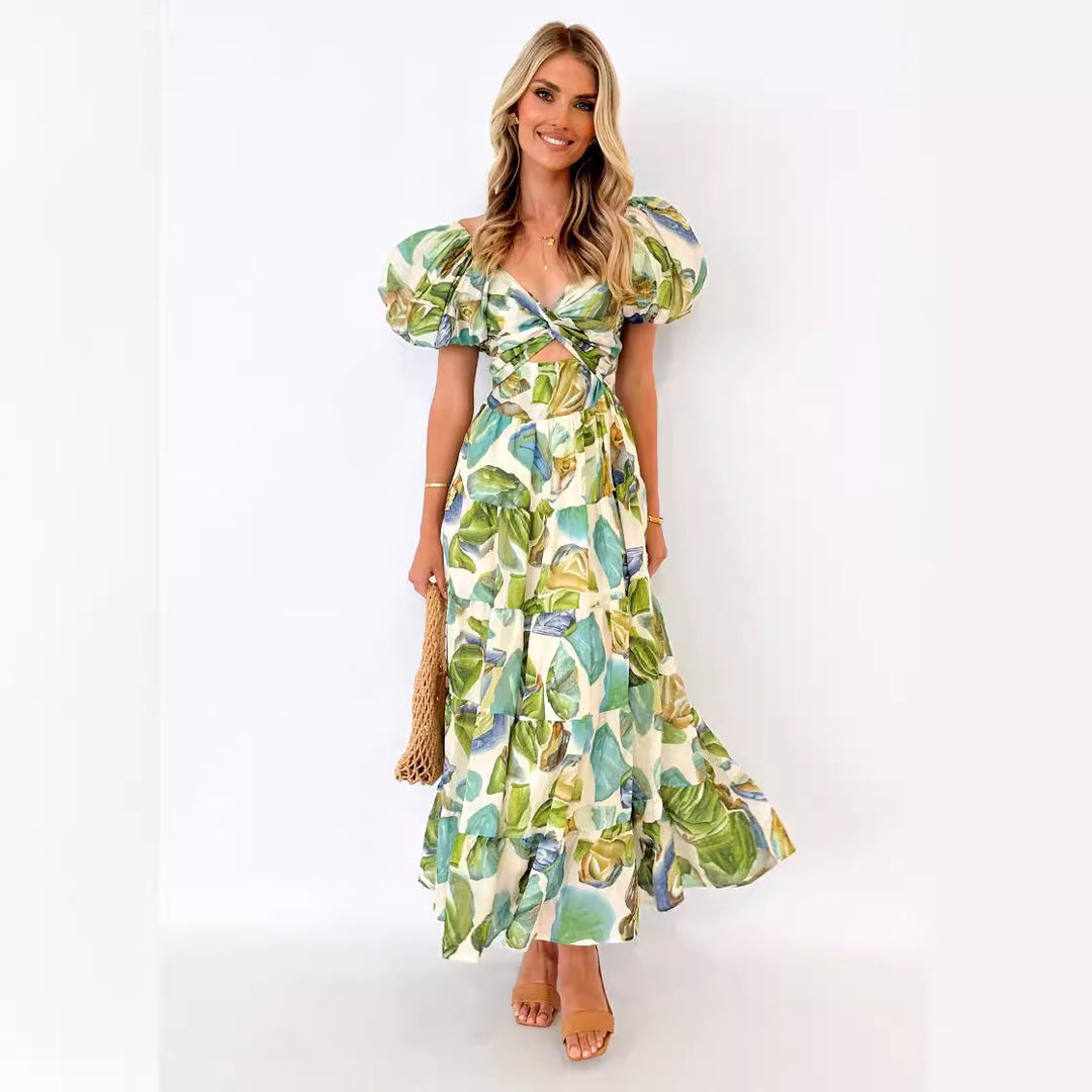 Maxi dress for women with a sophisticated design featuring off-the-shoulder and voluminous puff sleeves Chic & Stil