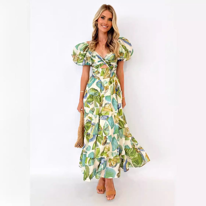 Maxi dress for women with a sophisticated design featuring off-the-shoulder and voluminous puff sleeves Chic & Stil