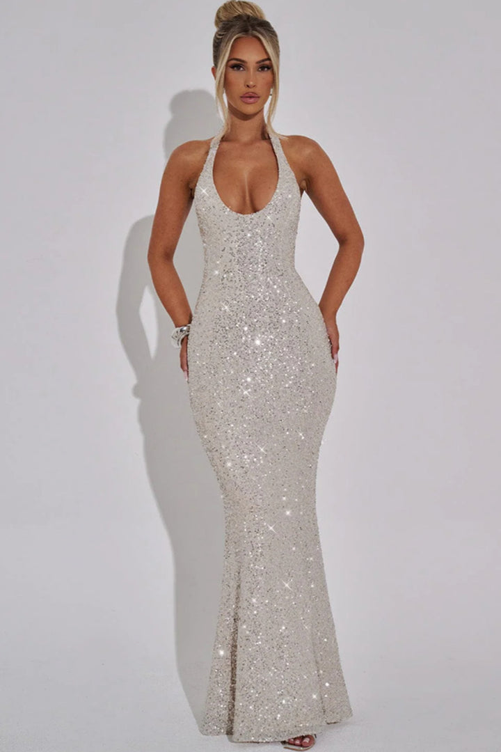Women's Glamorous Sequin Maxi Dress with Deep V-Neck and Slim Fit Lune London