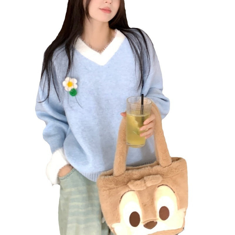 Viscose Sweater for Women with V-Neck and Chic Flower Embroidery and Style