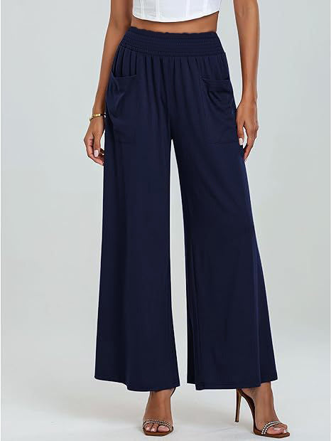 Women's Wide-Cut Palazzo Pants with Elastic Waistband and Practical Pockets Lune London