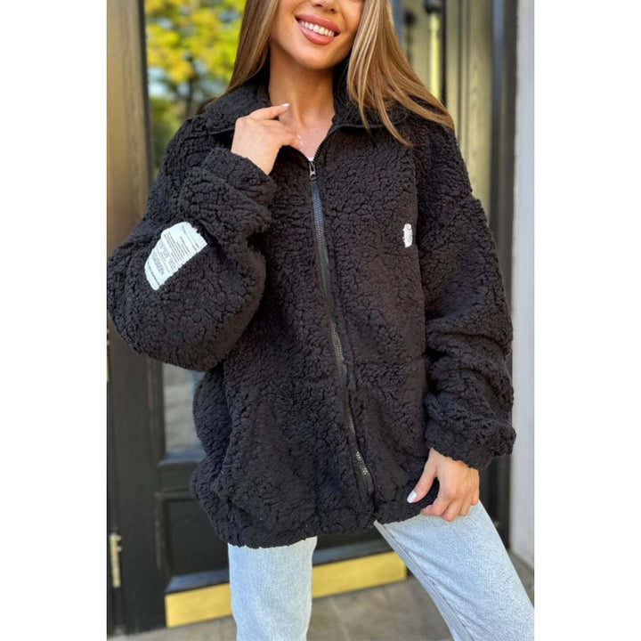 Ladies Plush Fleece Jacket with High Collar and Practical Pockets Lune London